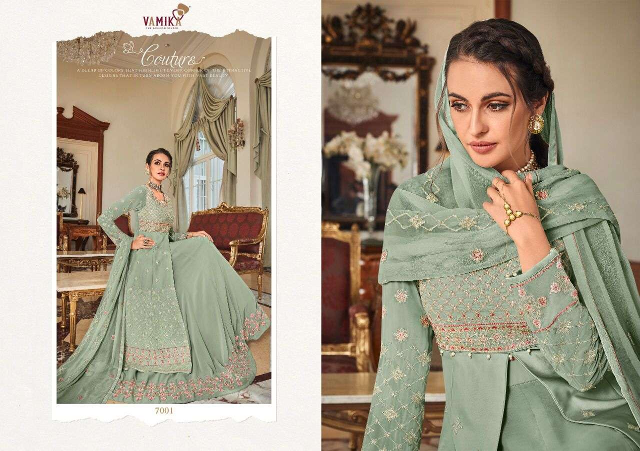 Vamika- Riyaaz - Georgette Heavy Embroidery With Handwork Kurti With Pant And Georgette Dupatta-7001-C